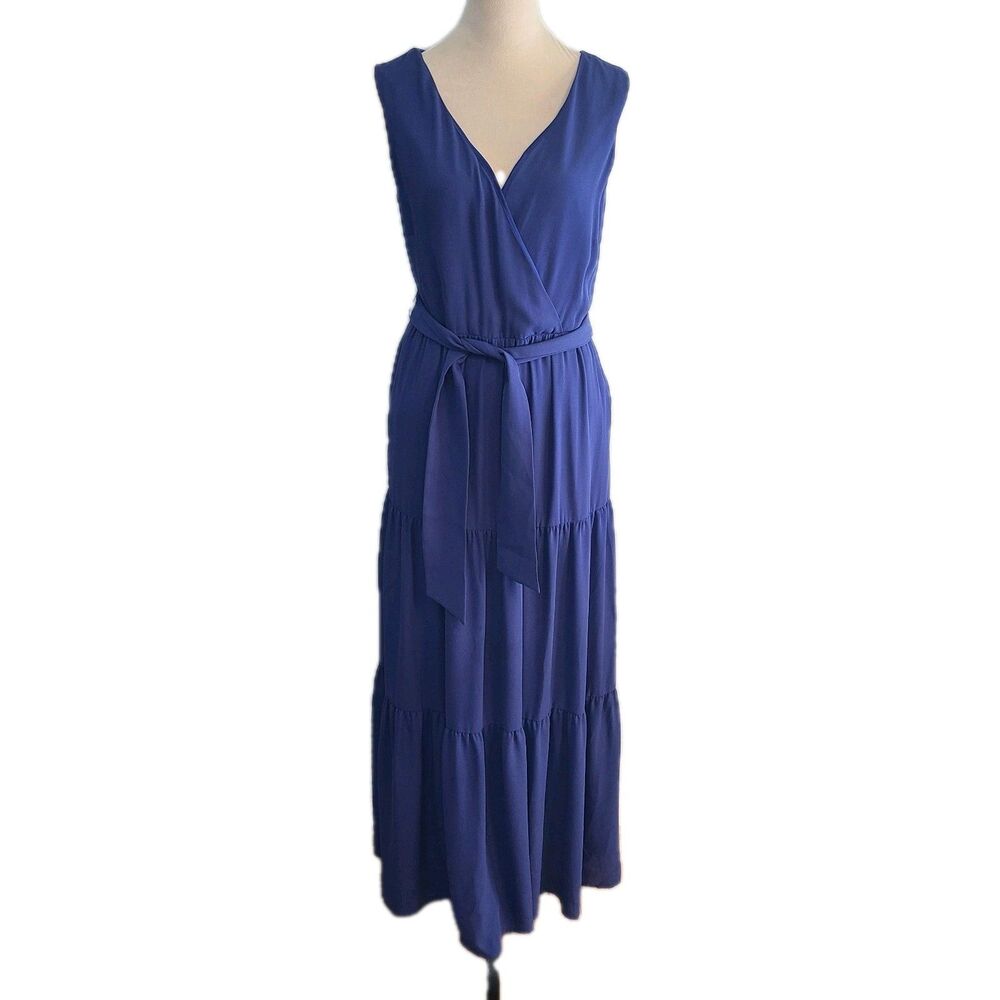 J. McLaughlin Maxi Lavinia Dress 2 Blue Tiered Sleeveless Crossover Coastal Chic